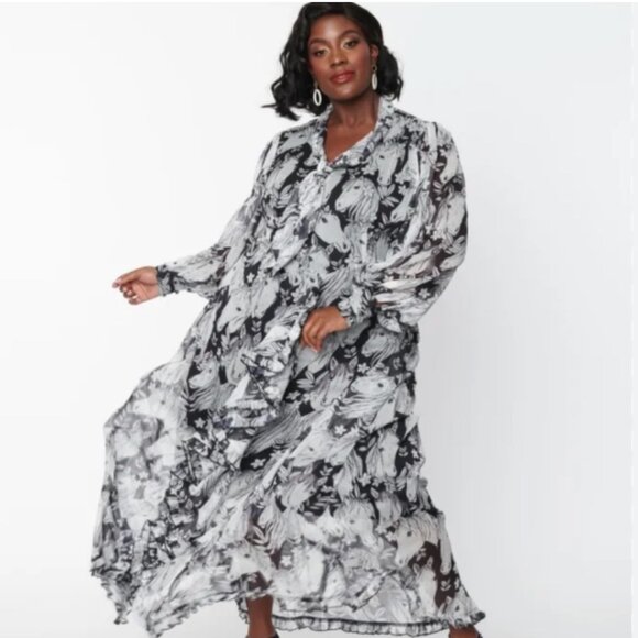 Unique Vintage Black & White Sheer Horse Print Maxi Flowy Dress L - Picture 5 of 9